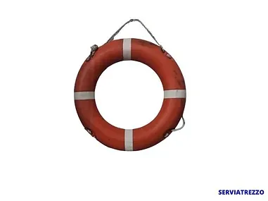 Un salvavidas rojo con un asa sobre un fondo blanco.