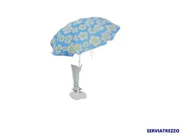 Un paraguas azul y blanco con flores.