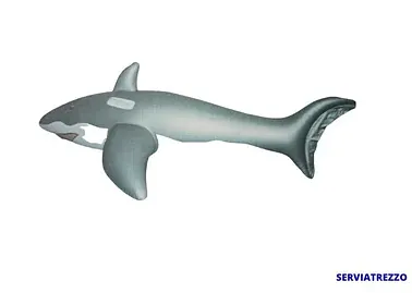 Una orca inflable está flotando sobre una superficie blanca.