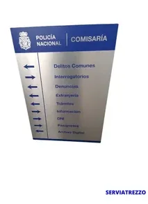 Un cartel de la comisaría de policía nacional con flechas que apuntan en diferentes direcciones.