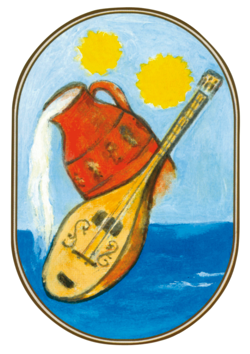 Un vase déversant de l'eau et une guitare