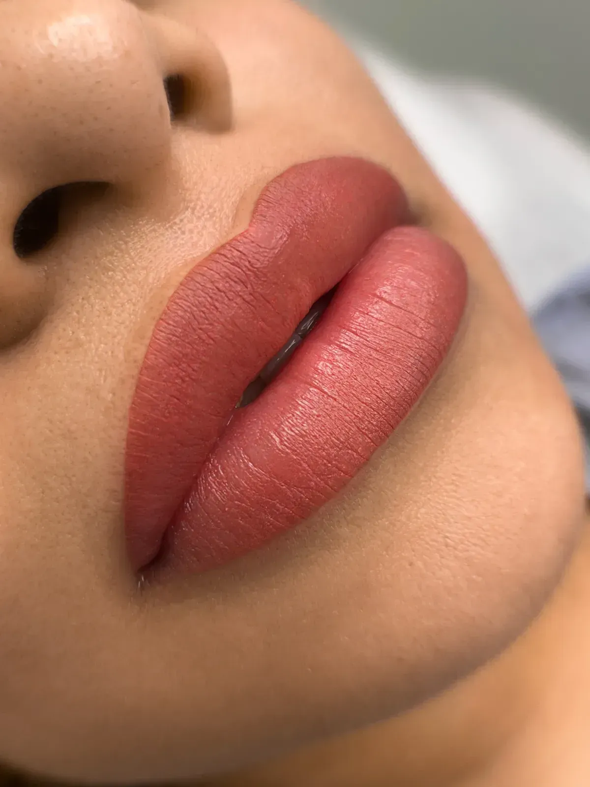 Primer plano de labios carnosos con maquillaje permanente en tono marrón rojizo.