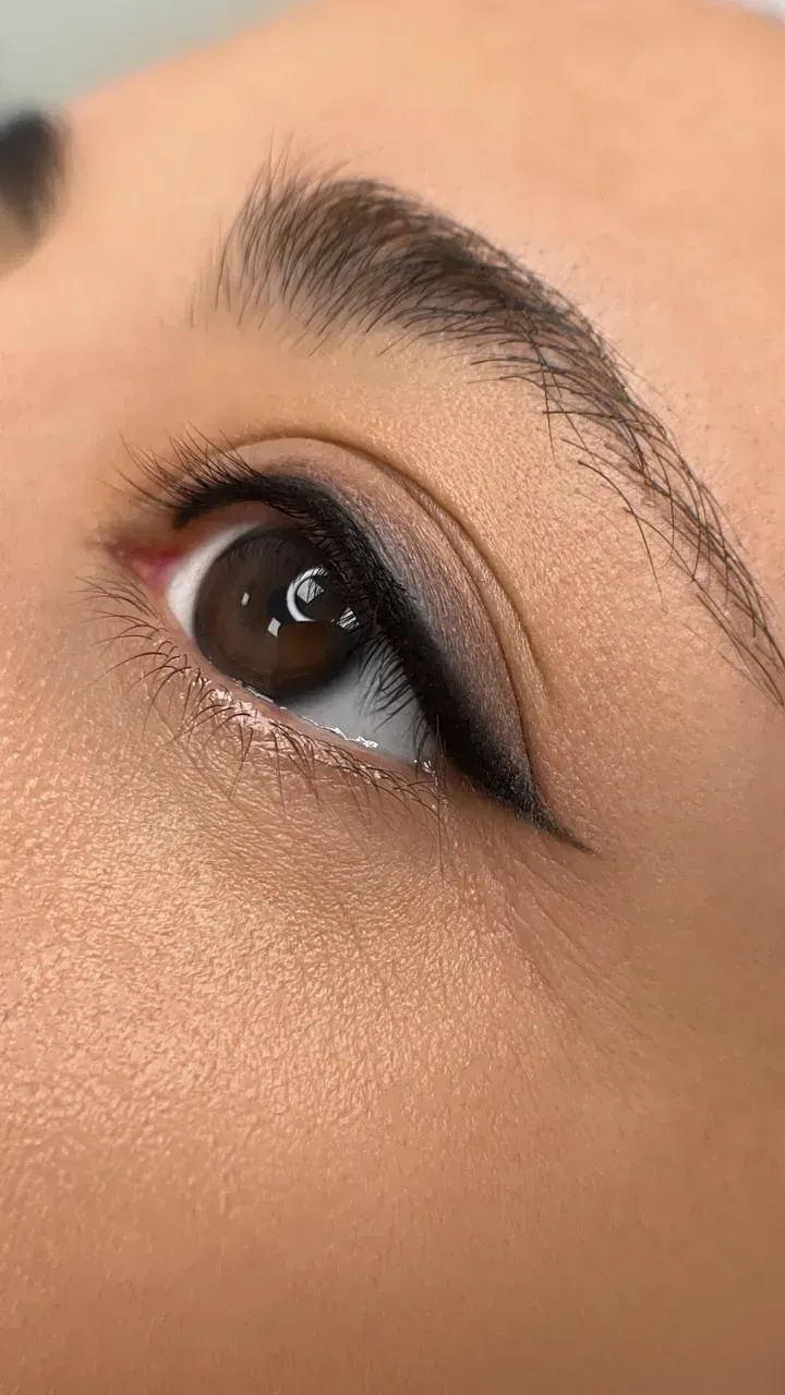 Primer plano del ojo de una persona con delineador y cejas maquilladas. Ojo marrón; piel clara.