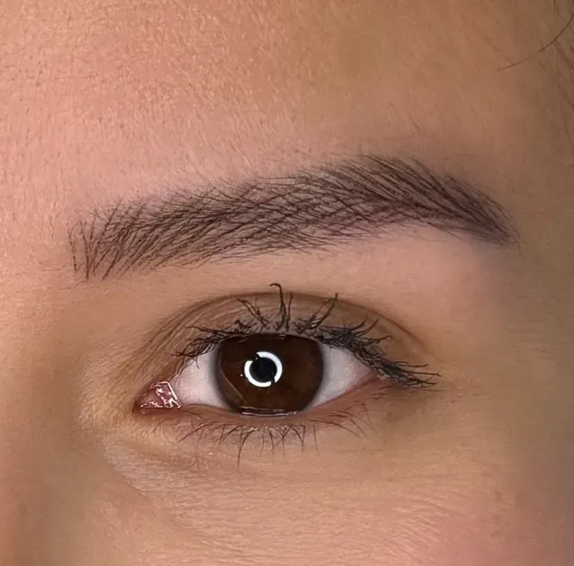 Primer plano de un ojo con rímel y ceja bien cuidada, piel clara.