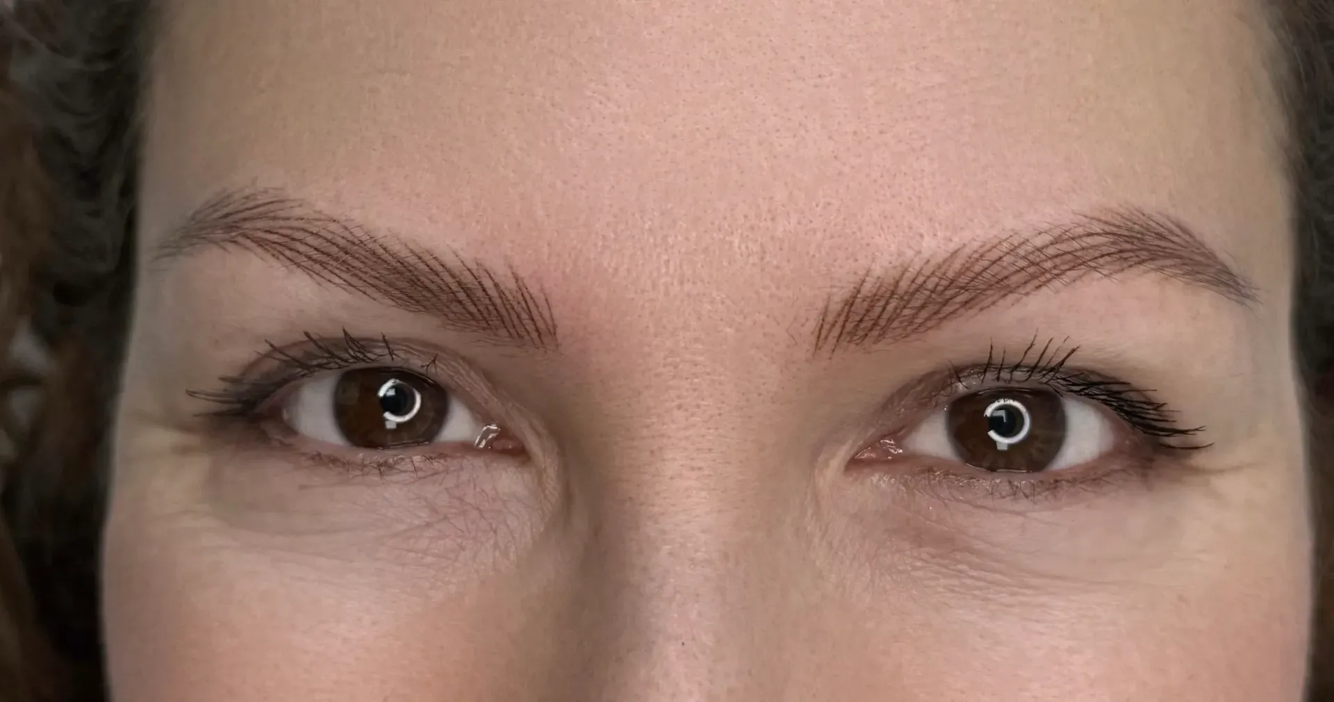 Primer plano de ojos marrones con cejas maquilladas. Piel clara y una leve sonrisa.