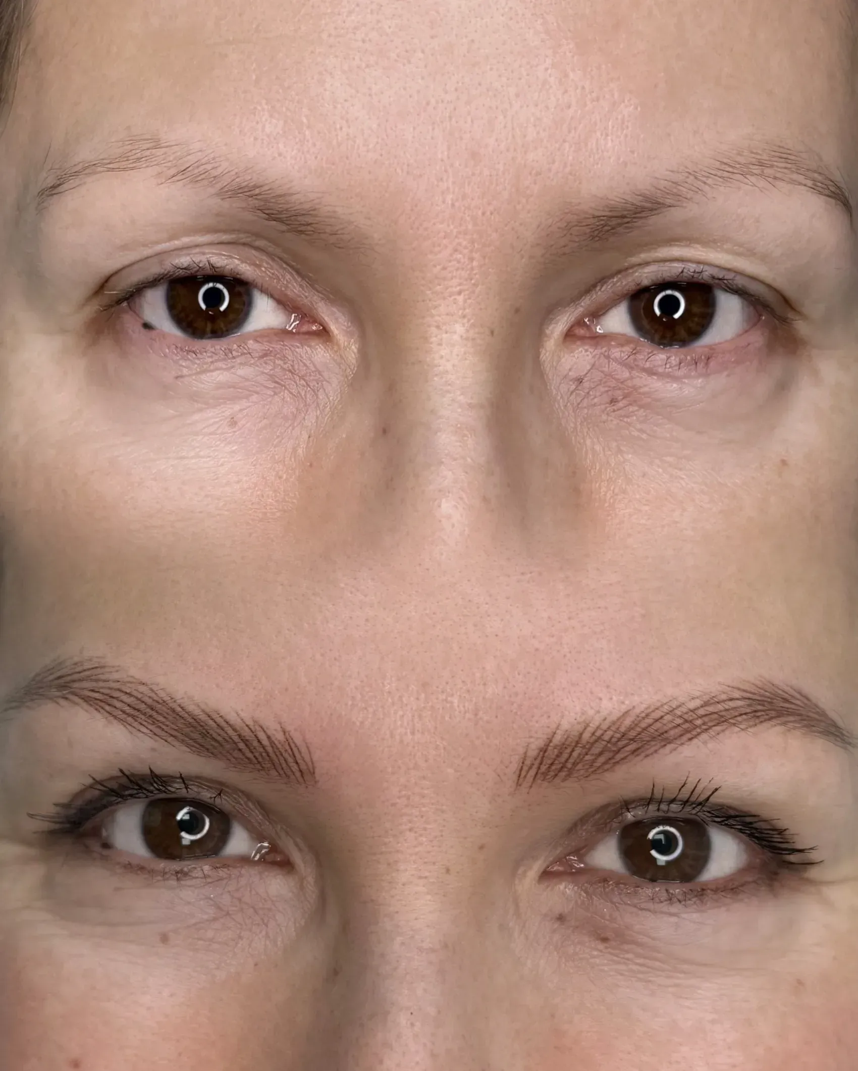 Comparación de las cejas de una mujer antes y después del microblading, cejas marrones y delineador de ojos.