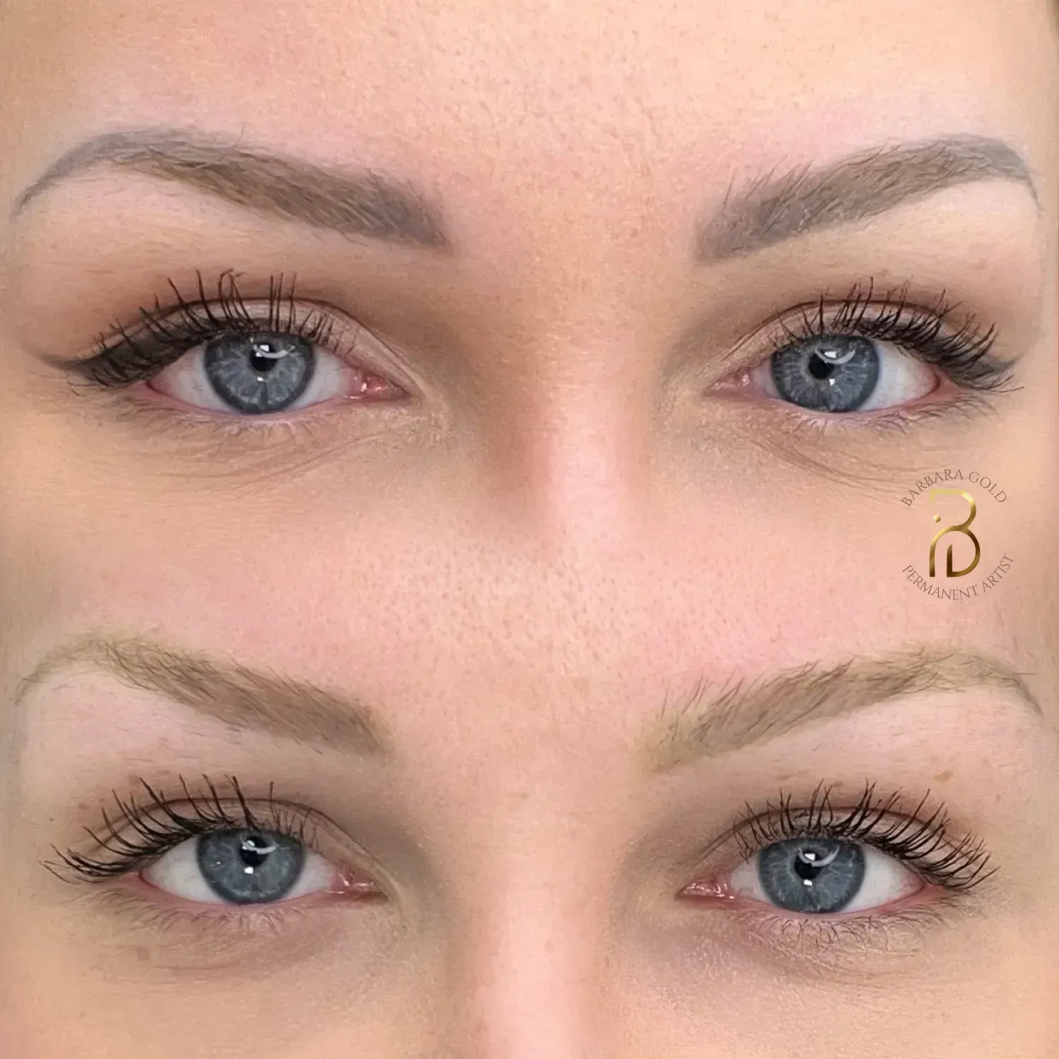 Rostro de una mujer antes y después del microblading de cejas. Cambios: cejas más pobladas y oscuras; leve sonrisa.