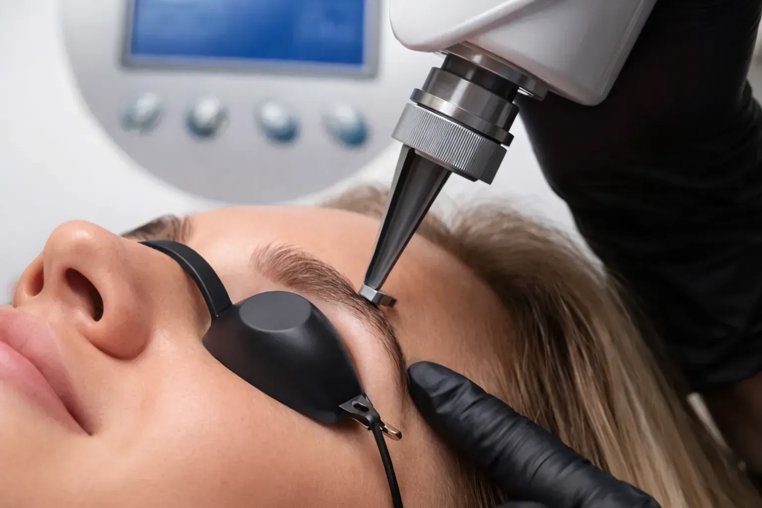 Mujer sometida a tratamiento láser de cejas con gafas protectoras.