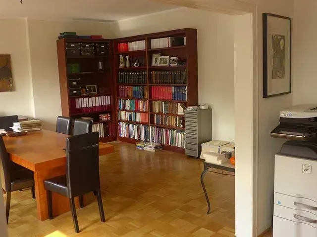 Eine Person hält ein großes Rechtssymbol, um das herum Miniaturumrisse von Häusern schweben.