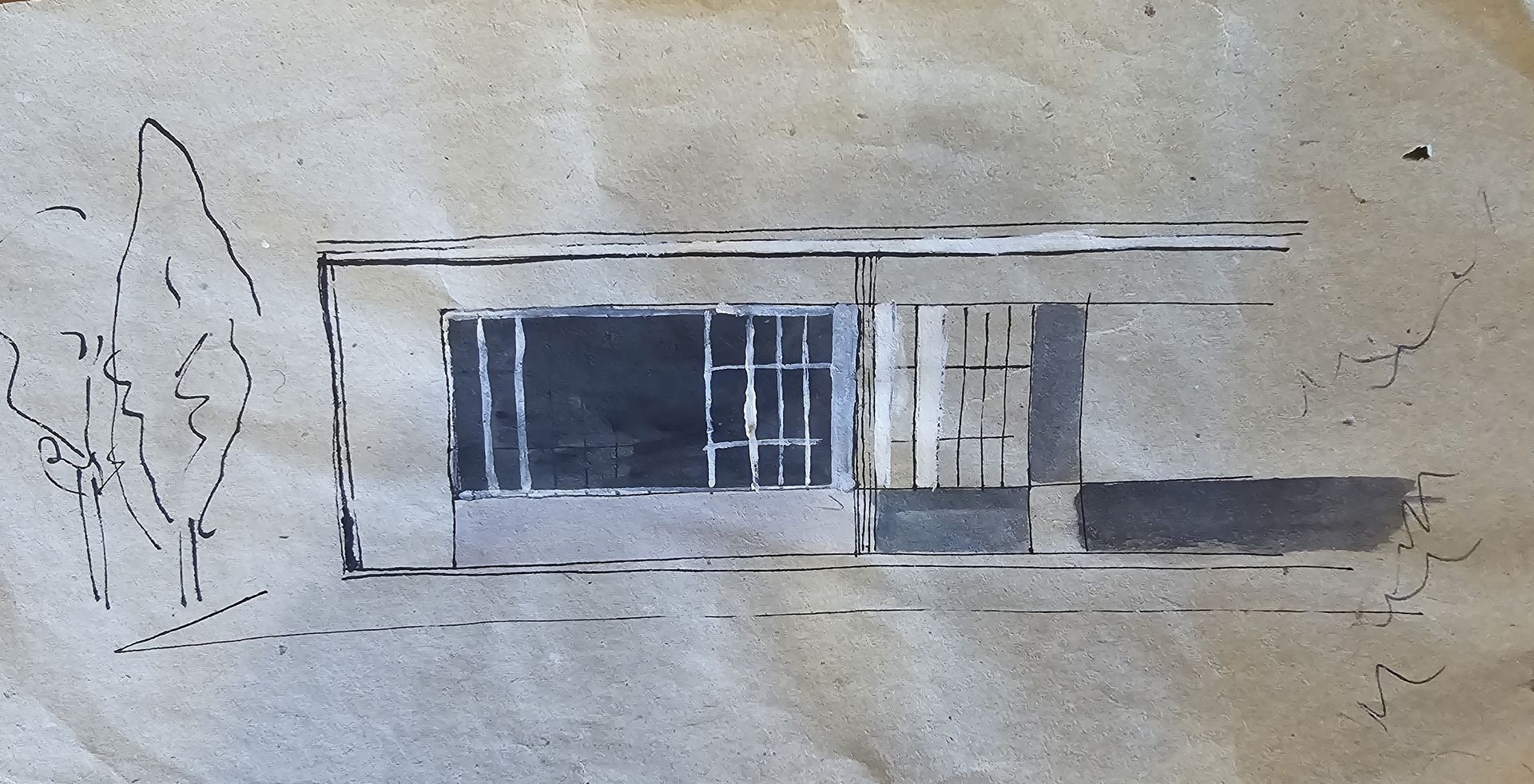 Eine Schwarz-Weiß-Zeichnung eines Hauses auf einem Blatt Papier vom Rechtsanwalt Thomas Matthes 