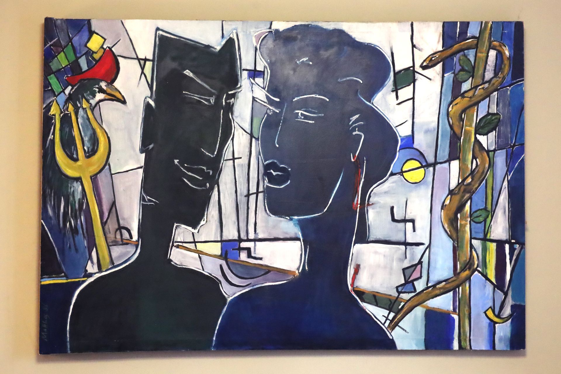 Ein Gemälde von einem Mann und einer Frau mit einem Dreizack und einer Schlange bei der Kanzlei vom Rechtsanwalt Thomas Matthes 