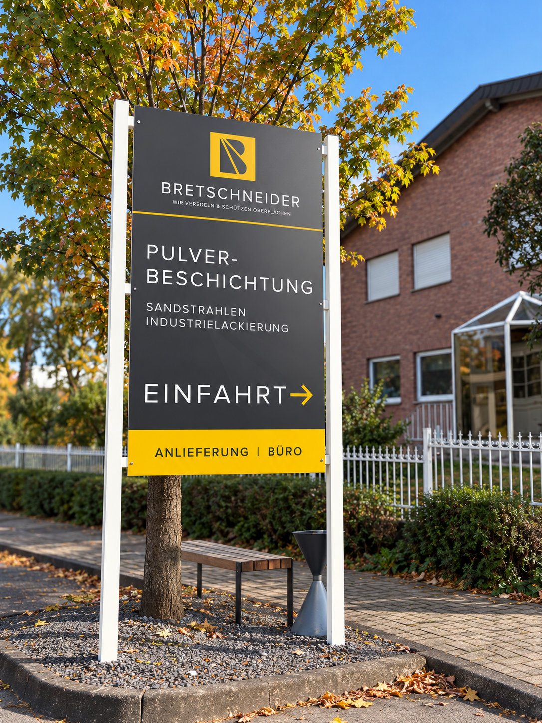 Vor einem Gebäude mit der Aufschrift Breitschneider steht ein Auto
