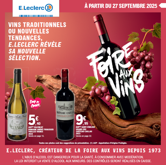 À partir du 27 septembre, Foire aux vins, 9.95 € AOP Saint-Émilion Grand Cru Rouge Château Caillau millésime 2023. Coup de cœur : 5.40 € AOP Valençay Domaine André Fouassier Vieilles vignes millésime 2024. E.Leclerc propose une sélection de vins traditionnels et de nouvelles tendances.