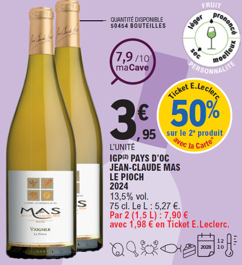 50 % en ticket E.Leclerc avec la carte sur le 2ème produit prix pour l’achat de 2 bouteilles soit 1.5 litres à 7.90 € avec 1.98 € en ticket E.Leclerc. Bouteille de 75 centilitres de vin blanc IGP Pays d’Oc Jean-Claude Mas le Pioch millésime 2024 au prix de 3.95 € l’unité. Taux d’alcool 13.5 %. Prix du litre 5.27 €. Note maCave : 7.9 sur 10. Quantité disponible : 50454 bouteilles.