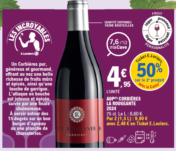 50 % en ticket E.Leclerc avec la carte sur le 2ème produit. Bouteille de 75 centilitres de vin rouge AOP Corbière La Rougeante millésime 2024 au prix de 4.95 € l’unité. Soit les 2 bouteilles 1.5 litres à 9.90 € avec 2.48 € en ticket E.Leclerc. Prix du litre 6.60 €. Note maCave : 7.6 sur 10. Quantité disponible : 18390 bouteilles.