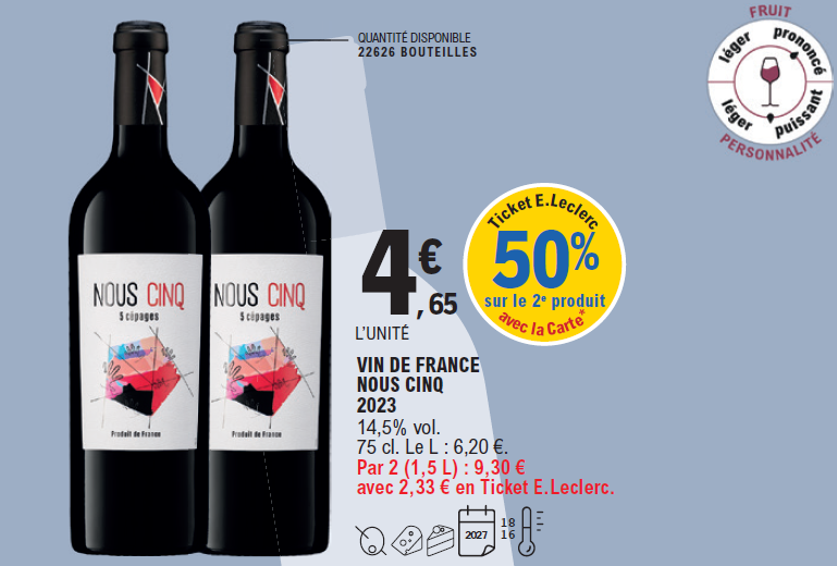 50 % en ticket E.Leclerc avec la carte sur le 2ème produit. Bouteille de 75 cl Vin de France Nous Cinq millésime 2023 au prix de 4.65 € l’unité. Taux d’alcool 14.5 %. Prix du litre 6.20 €. Soit les 2 bouteilles 1.5 litres au prix de 9.30 € avec 2.33 € en ticket E.Leclerc. Quantité disponible : 22626 bouteilles.