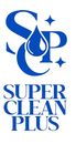 Logotipo azul para Super Clean Plus; una gota de agua entre "SC" con "P" y dos estrellas.