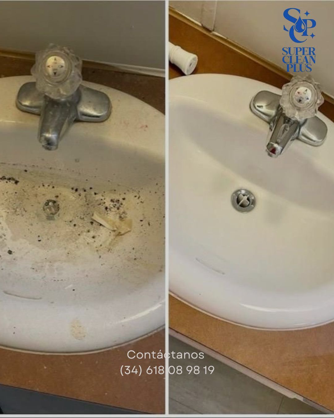 Un antes y un después de un fregadero limpio. El de la izquierda muestra suciedad y mugre, y el de la derecha está impecable.