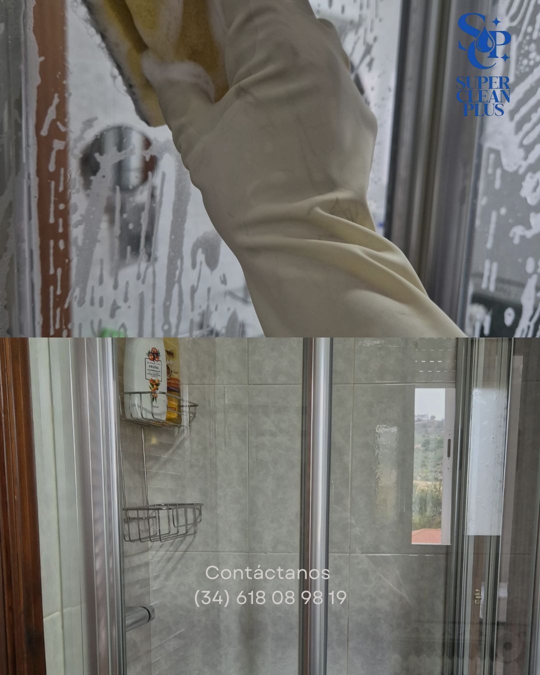 Persona con guantes limpiando el cristal de la ducha con jabón. Abajo, una ducha limpia.