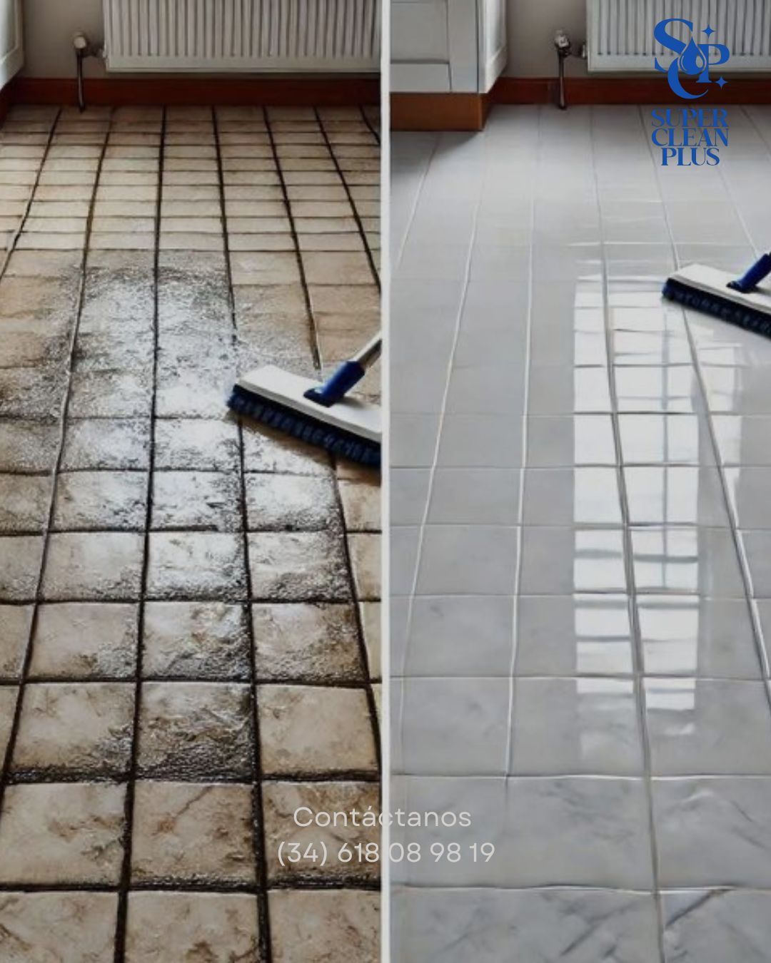 Antes y después de limpiar los azulejos: sucios, luego blancos y brillantes. Cepillo en acción.