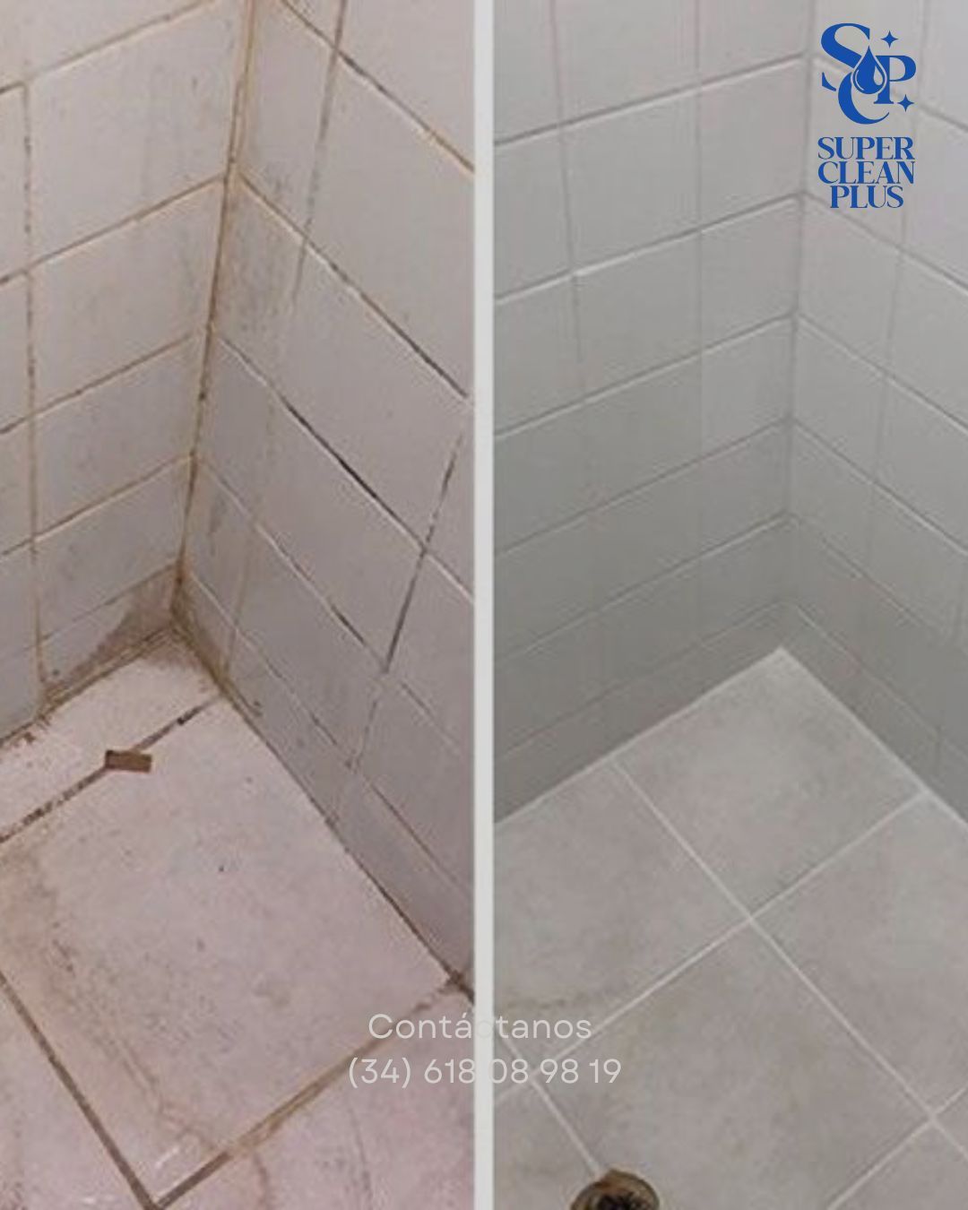 Antes y después de una ducha limpia. Azulejos y juntas sucios comparados con azulejos blancos y limpios.