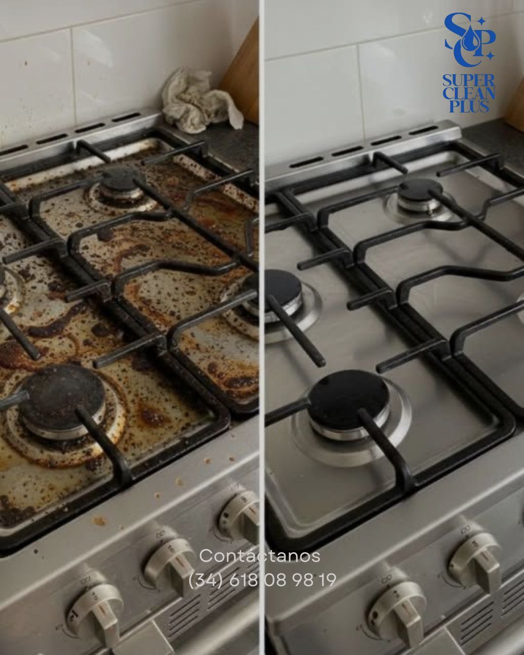 Antes y después de una limpieza de estufa; mostrando quemadores de gas sucios e impecables.