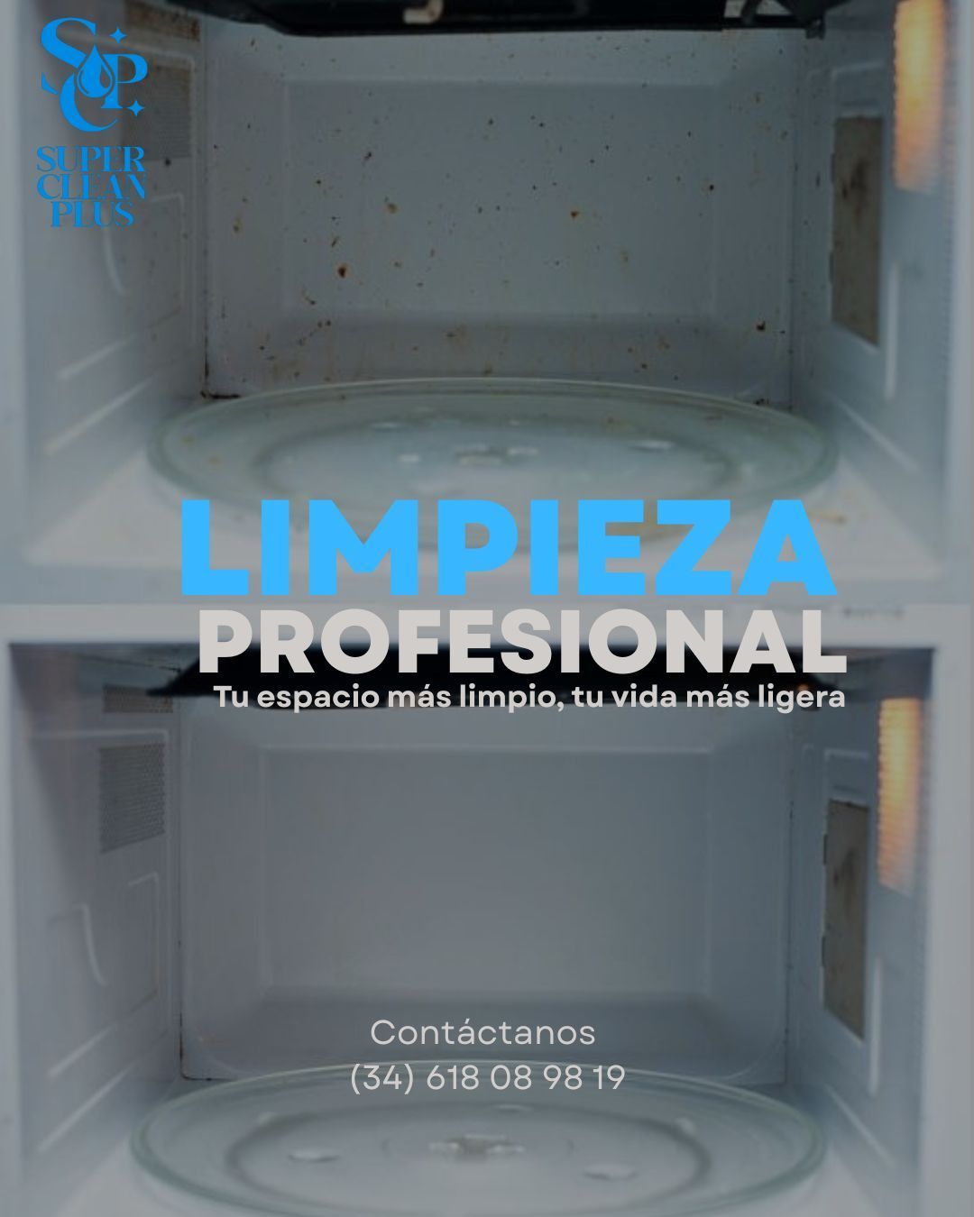 Antes y después de la limpieza de un microondas, mostrando un servicio de limpieza profesional.