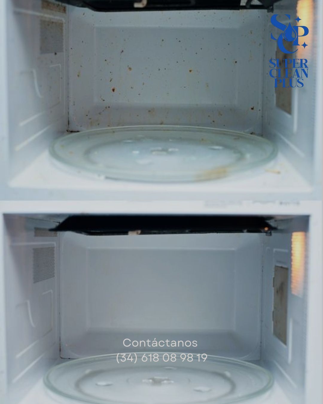 Comparación del interior de un microondas sucio y limpio.