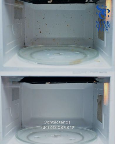 Comparación del interior de un microondas sucio y limpio.