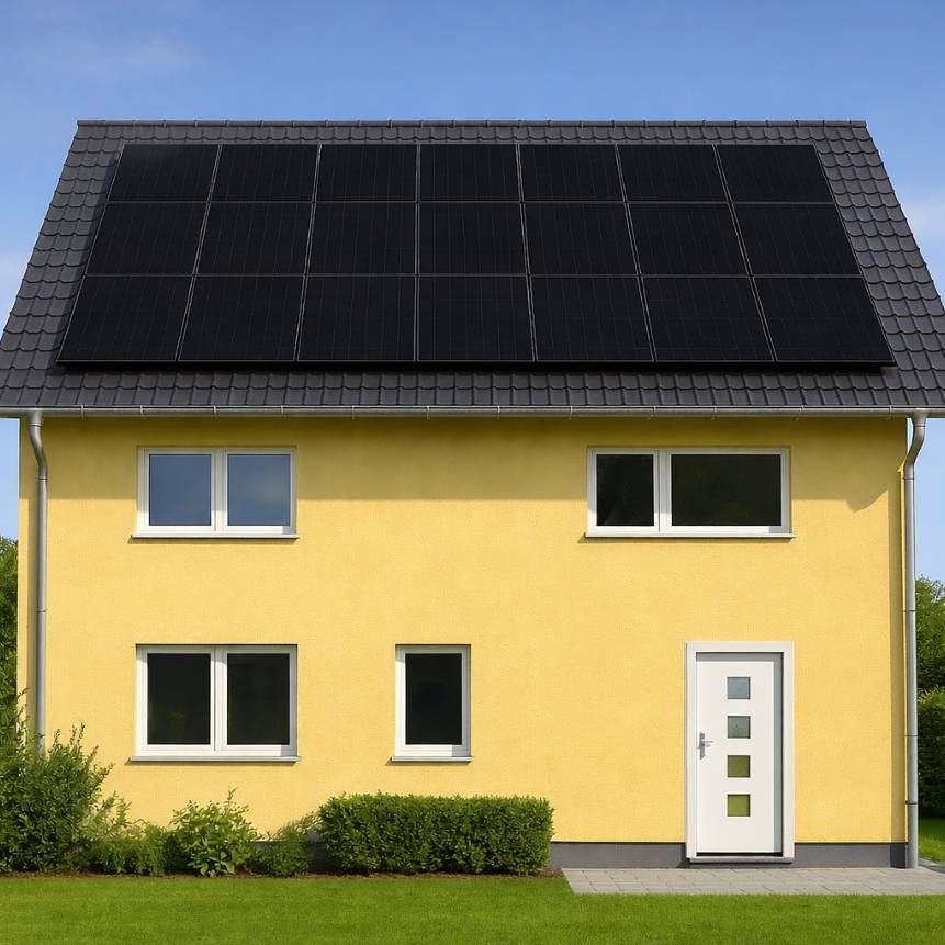 Gelbes Haus mit schwarzen Solarpaneelen auf dem Dach und einem grünen Rasen.