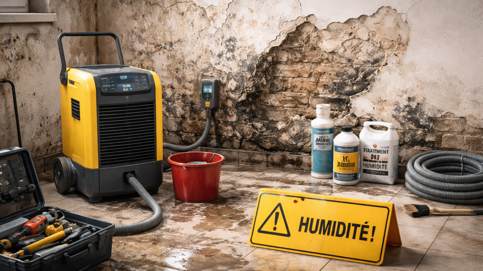Un déshumidificateur dans un sous-sol humide avec des moisissures, des outils et un panneau d'avertissement « Humidité ».