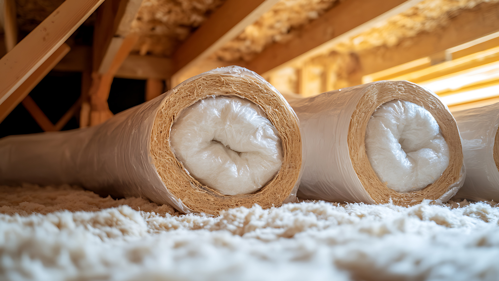Rouleaux d'isolant, blancs et beiges, dans un grenier.