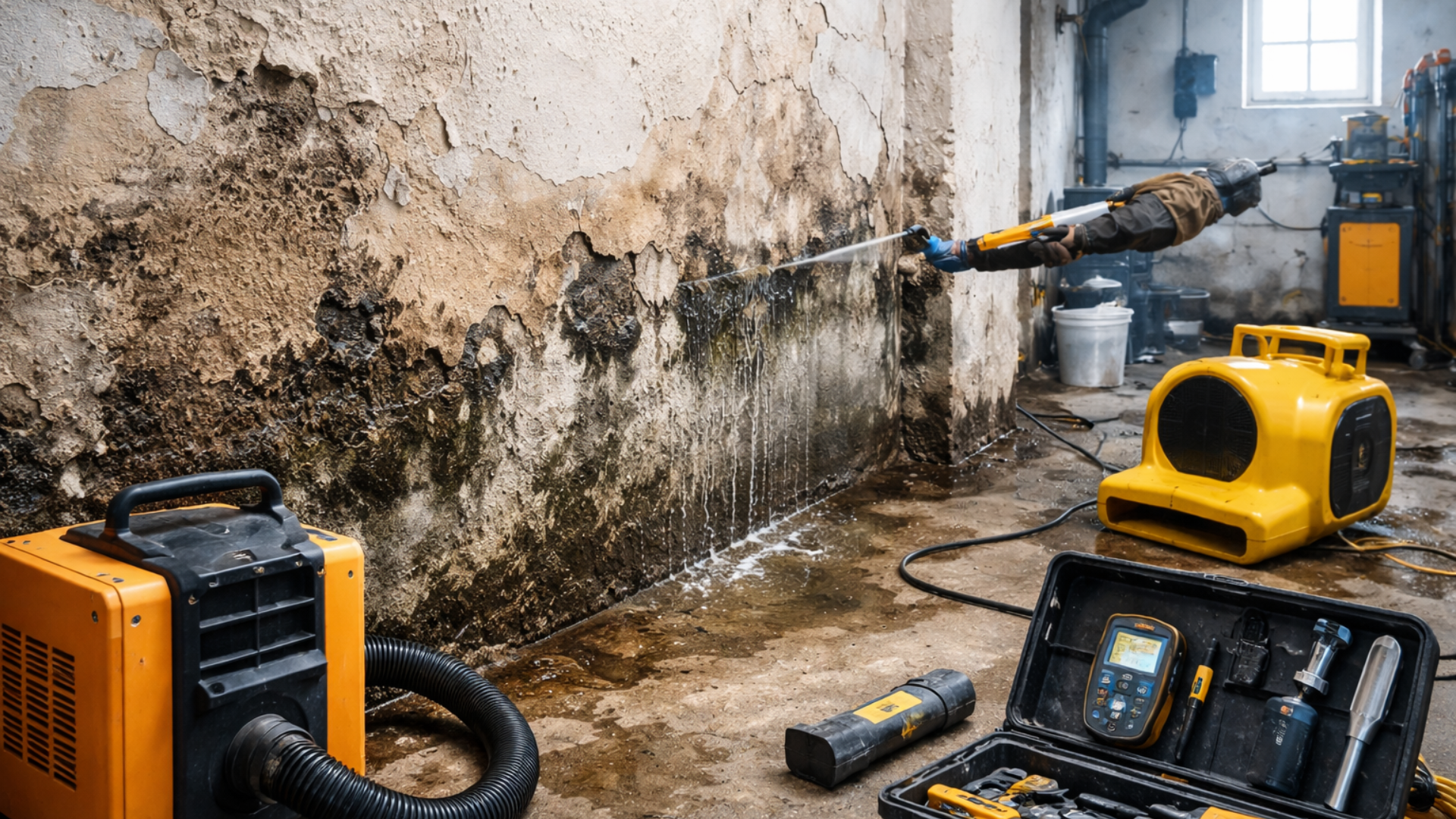 Un nettoyeur haute pression pulvérise un mur ; des déshumidificateurs et des outils sont à proximité.