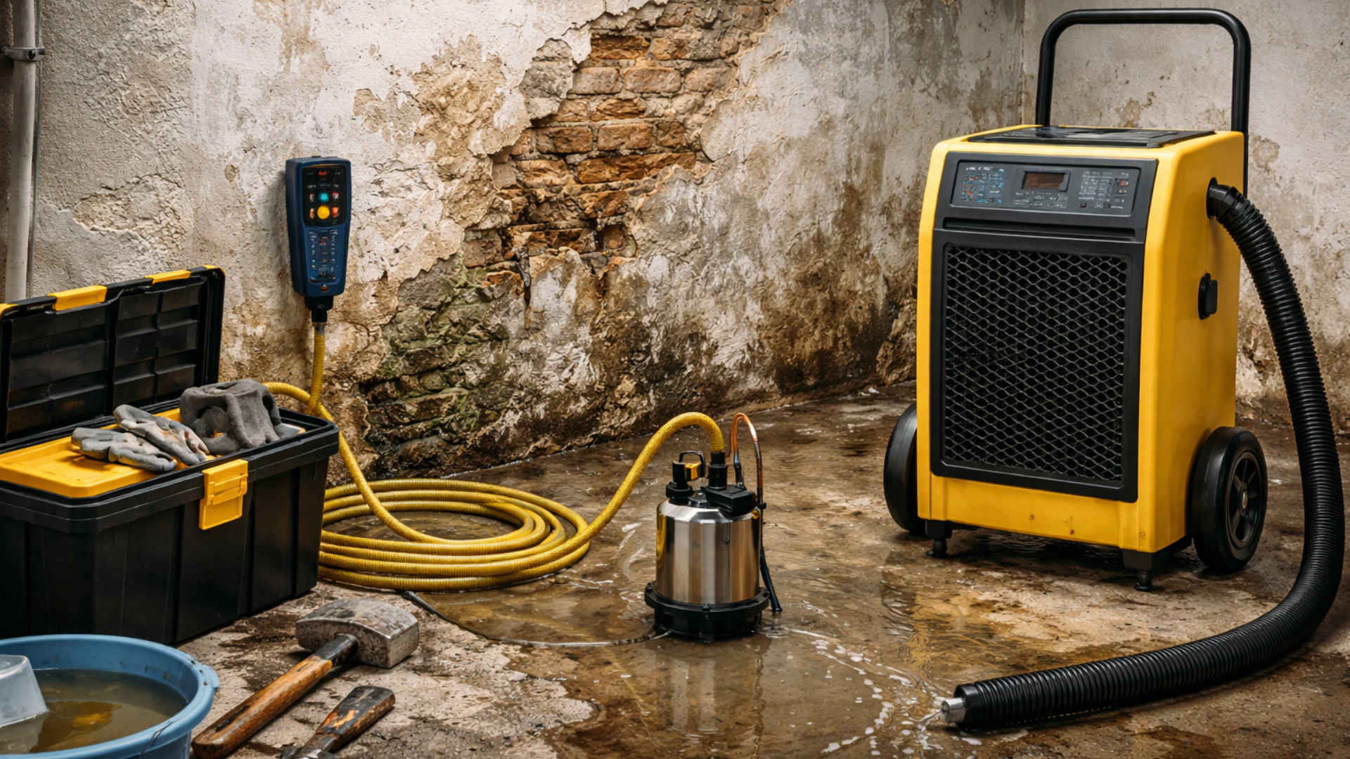 Sous-sol endommagé par l'eau, pompe, déshumidificateur, boîte à outils et outils.