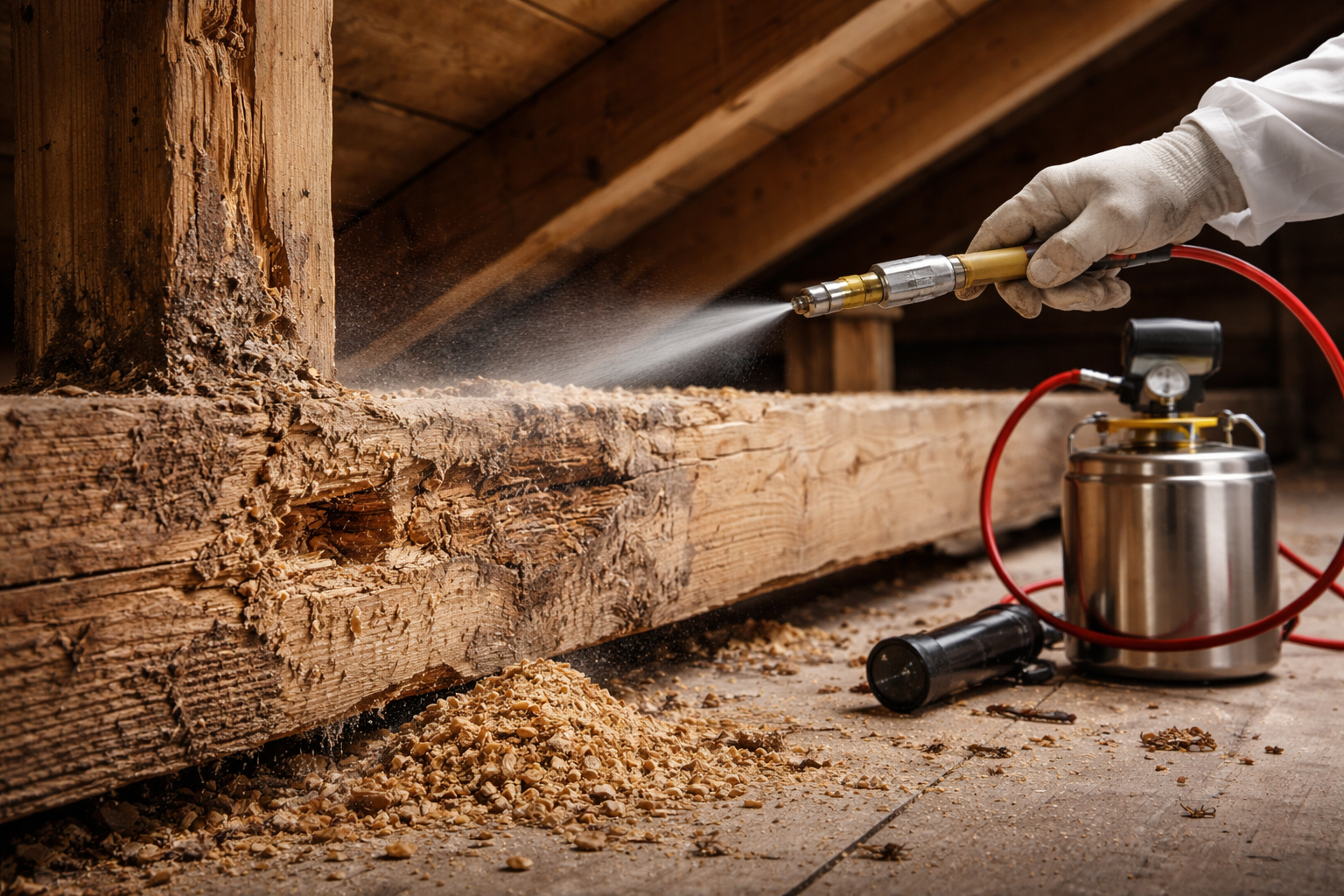 Matériel de traitement des moisissures dans un sous-sol humide, pulvérisation d'un mur couvert de moisissures noires.