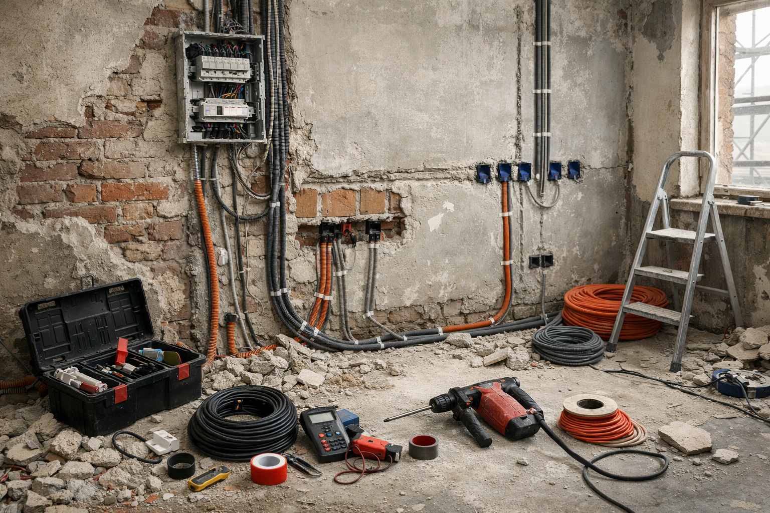 Travaux de câblage électrique intérieur en cours ; outils et fournitures éparpillés sur le sol.