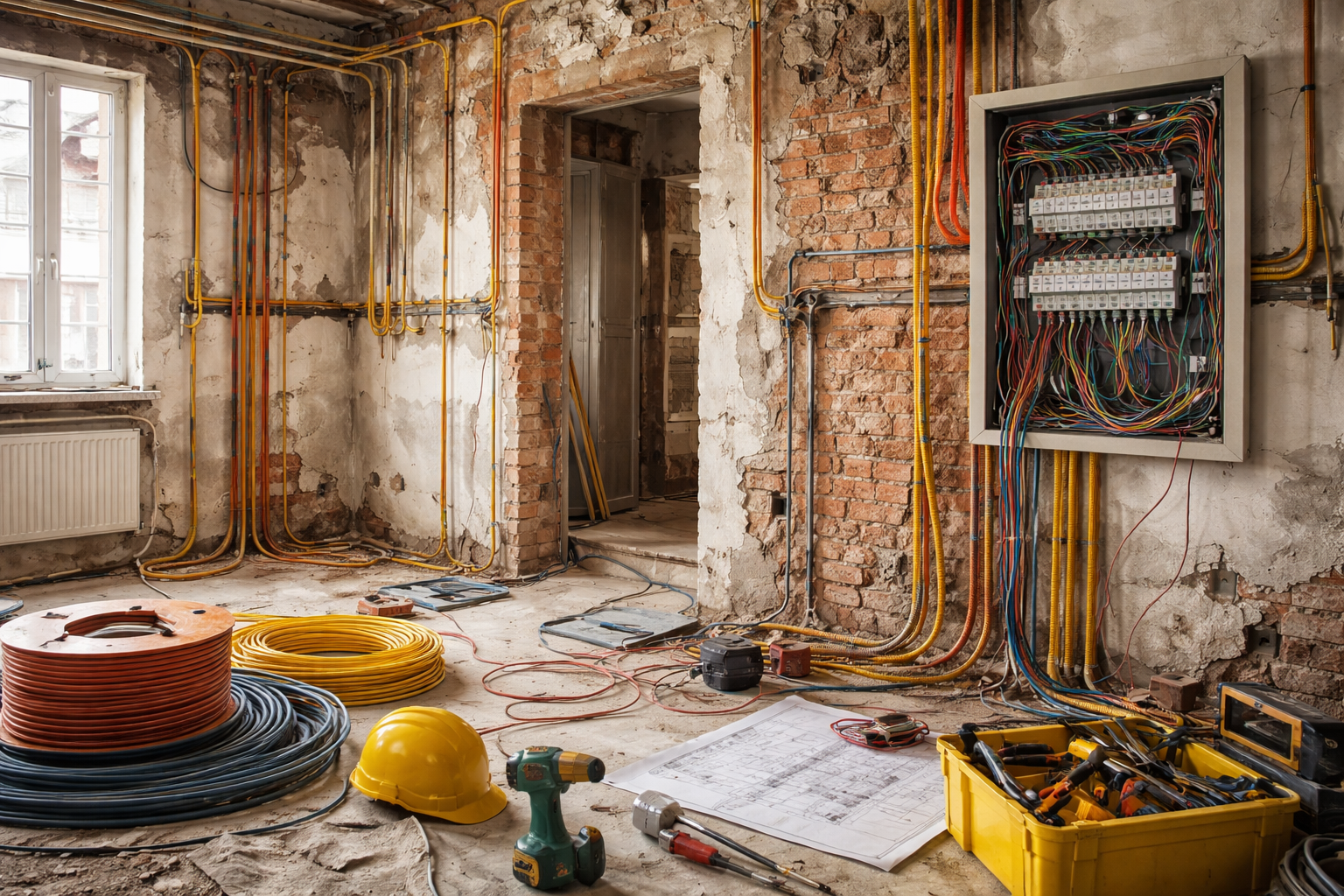 Pièce en travaux ; câblage électrique, outils, plans, casque de chantier et tableau électrique ouvert sont visibles.