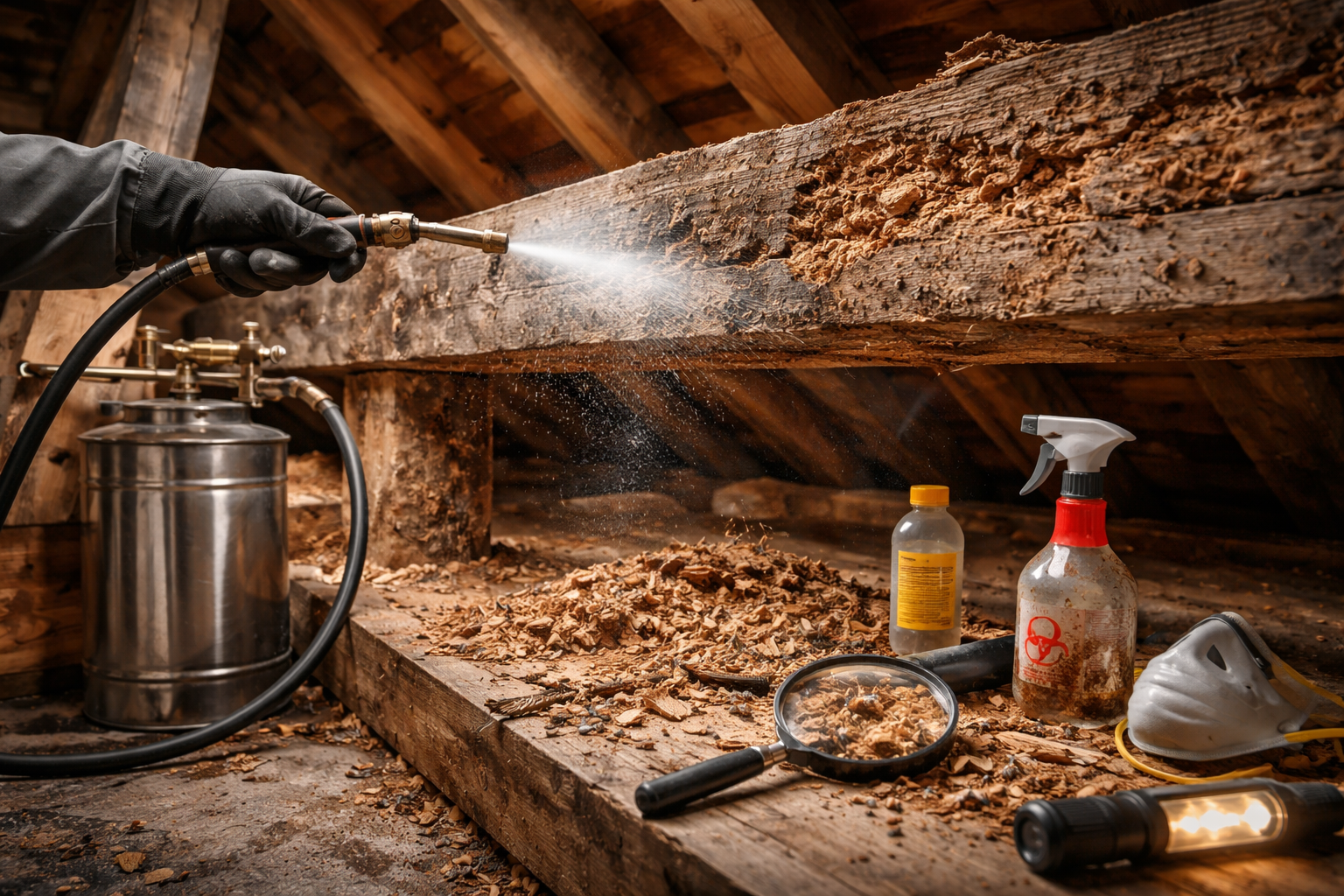 Déshumidificateur dans un sous-sol humide avec des moisissures, des outils et un panneau d'avertissement « Humidité ».