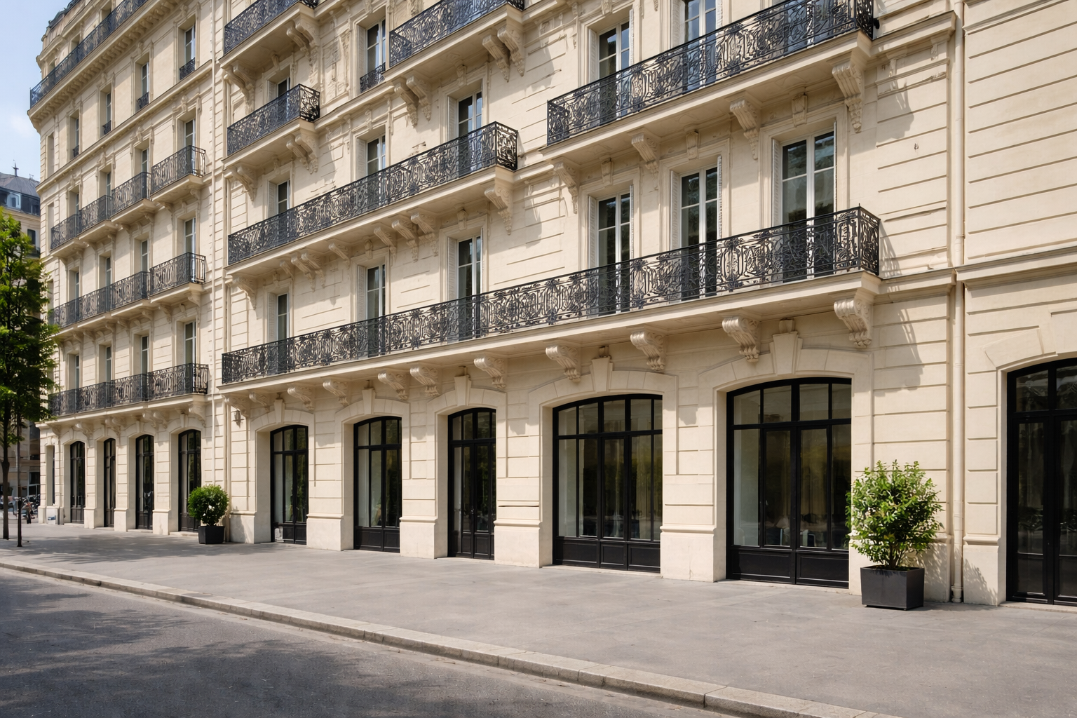 Immeuble beige à plusieurs étages avec balcons noirs et grandes vitrines donnant sur un trottoir.