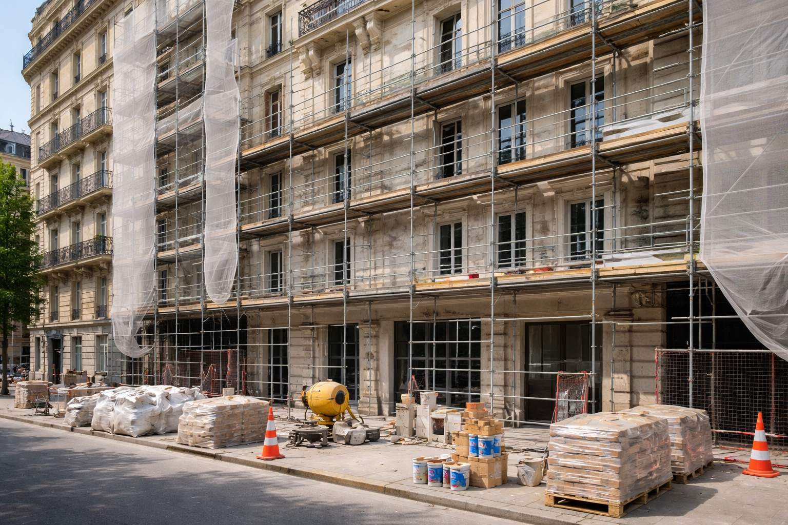 Bâtiment en rénovation avec échafaudages et matériaux de construction sur le trottoir.