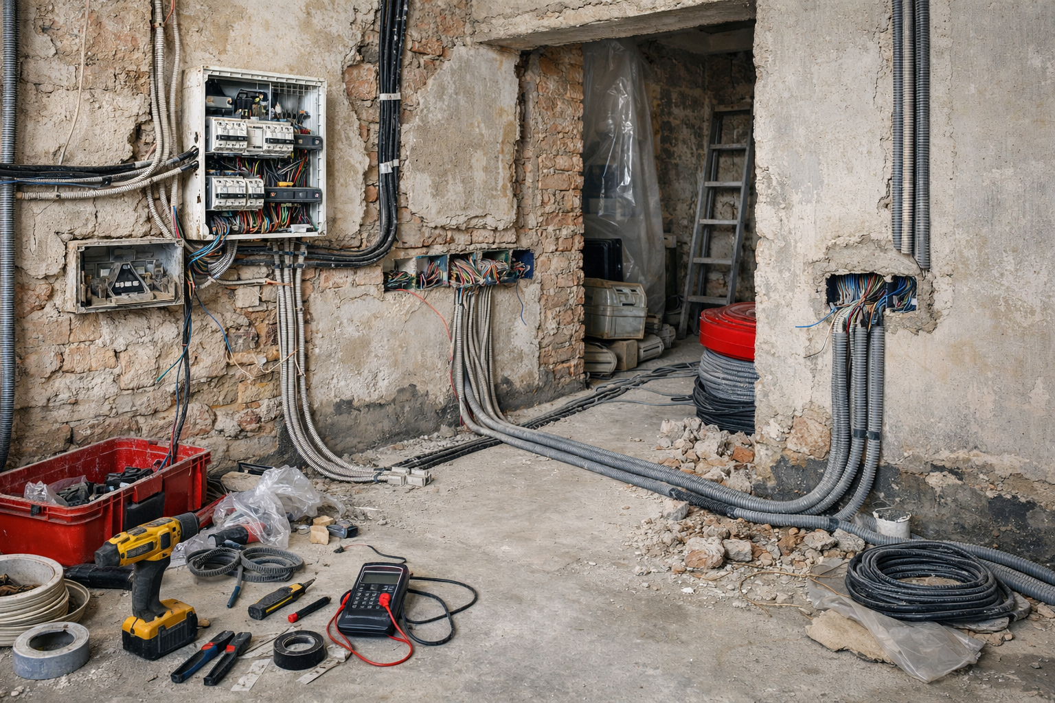 Câblage électrique dans un bâtiment en construction, avec conduits .