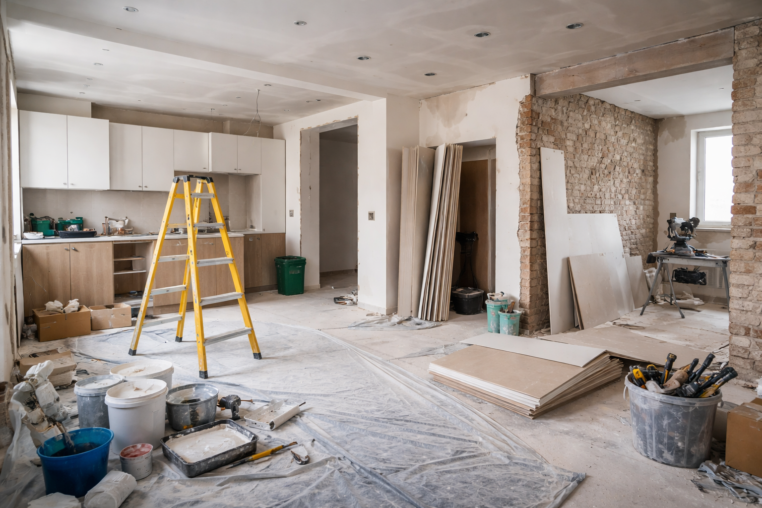 Intérieur en cours de rénovation avec des matériaux de construction, une échelle et des murs apparents.