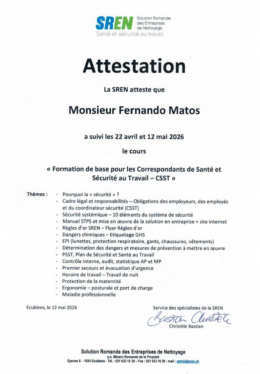 Certificat d'attestation français pour Monsieur Fernando Matos, avec logo SREN et signature sur page blanche