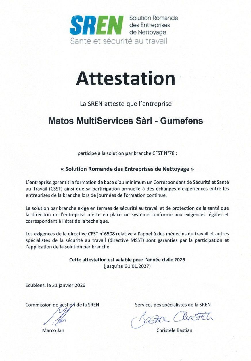 Attestation de SREN avec logo bleu et signature sur page blanche