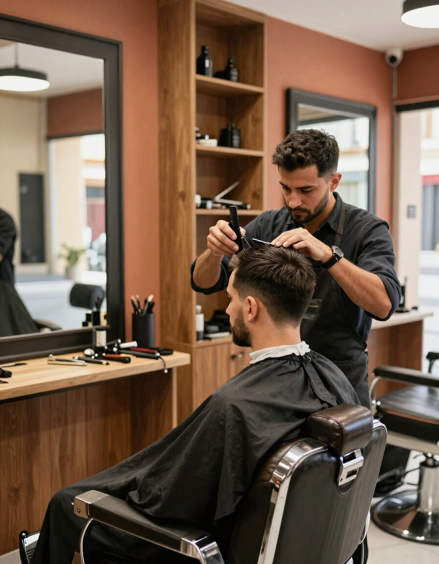 Barbero profesional cortando el pelo a un cliente en Peluquería Milan 2, Málaga