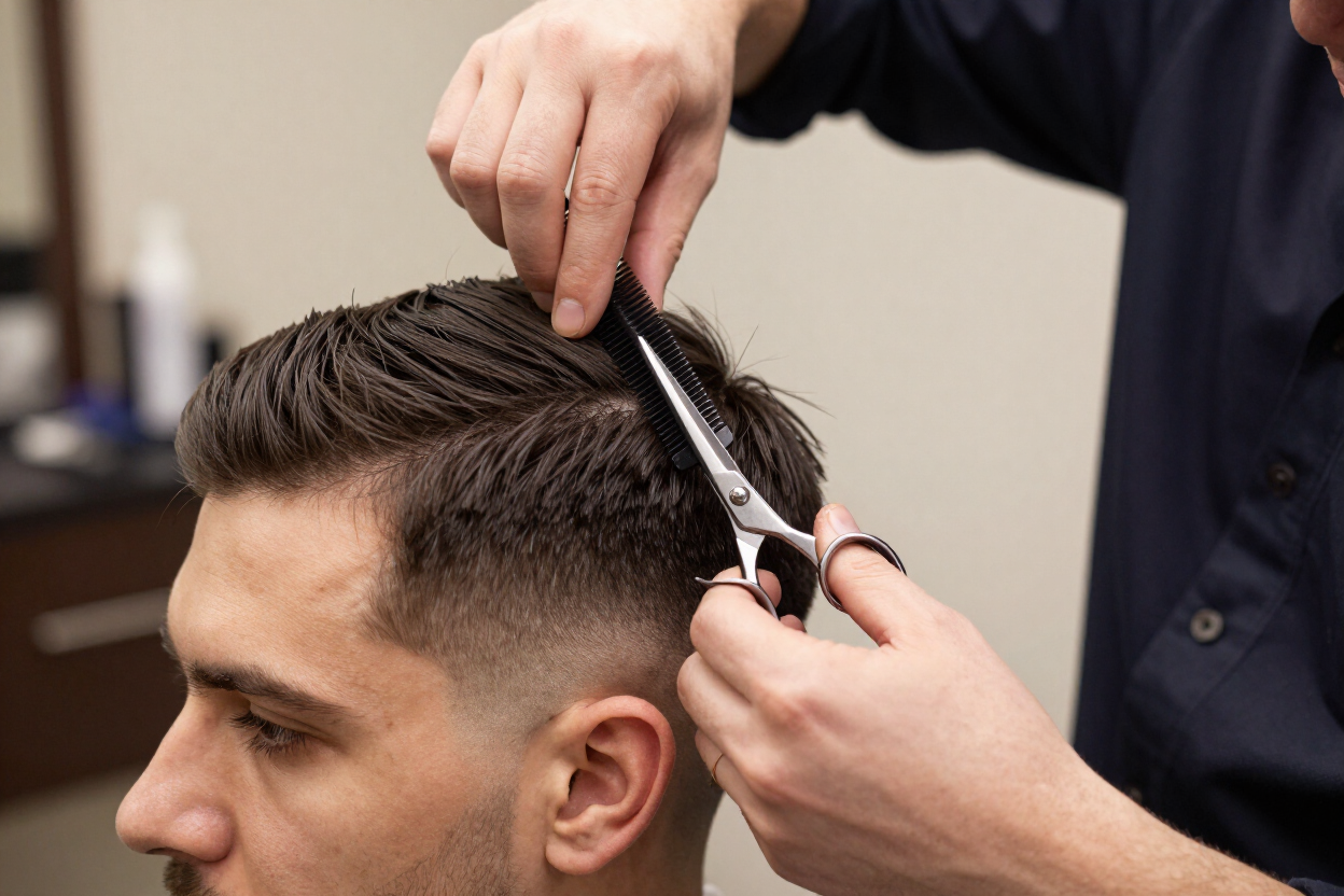 Detalle de un corte de pelo masculino con tijeras y peine