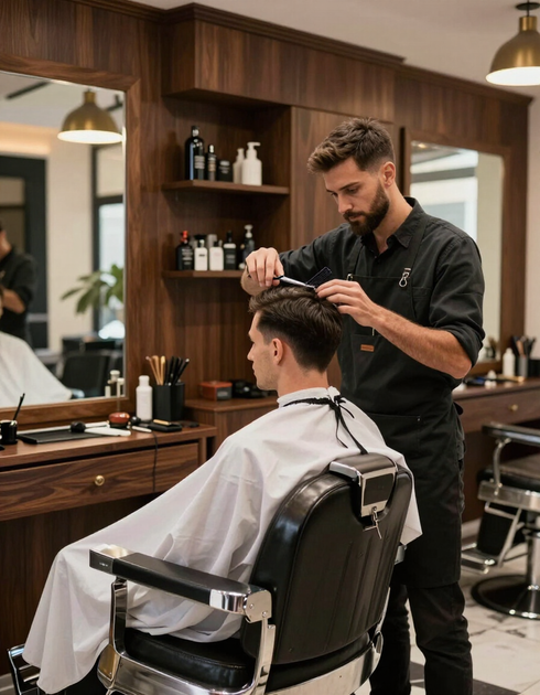 Barbero realizando un corte de pelo masculino en Peluquería Milan 2 en Málaga