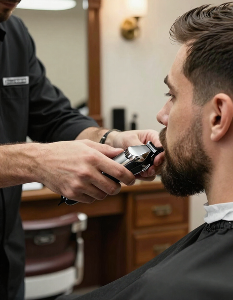 Barbero perfilando la barba de un cliente en Málaga