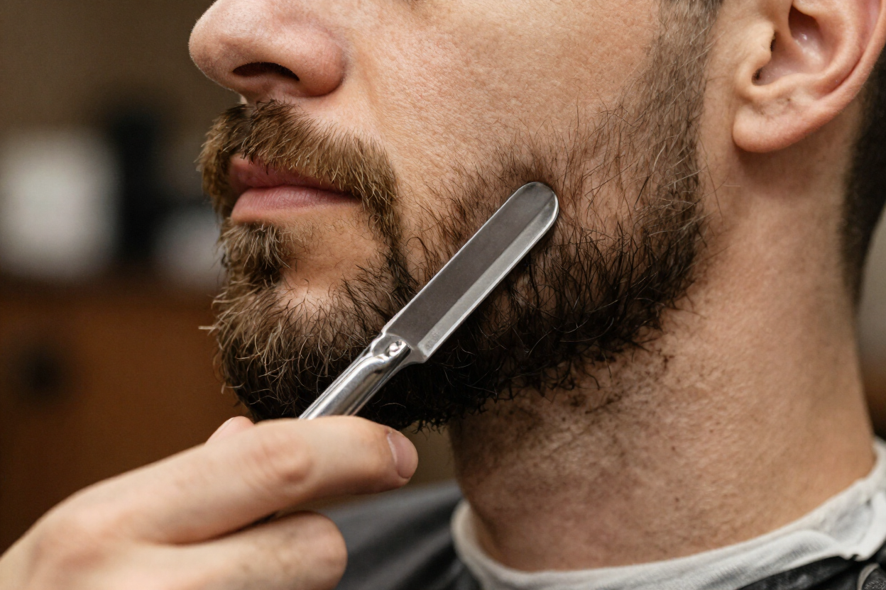 Detalle de un perfilado de barba con navaja en el salón