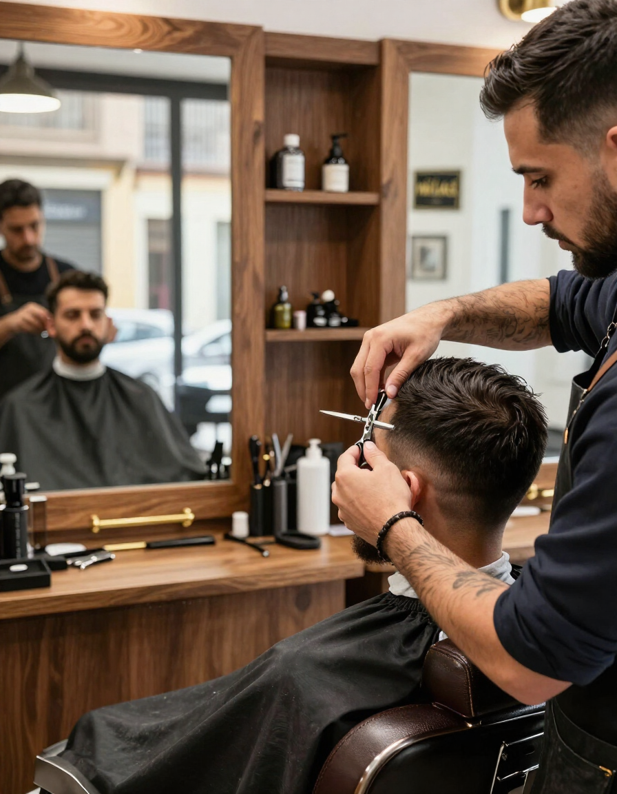 Barbero en Málaga arreglando y perfilando la barba de un cliente